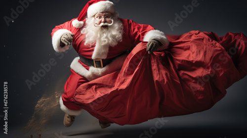 Santa Claus in a dynamic pose, carrying a large red sack over his shoulder with a jovial and spirited expression on his face