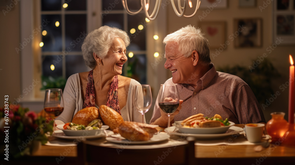An elderly couple shares a joyful dinner at home, laughing and bonding over candlelit delicacies and wine.