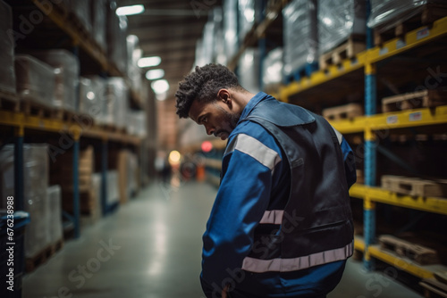 A warehouse worker having back pain and rubbing it