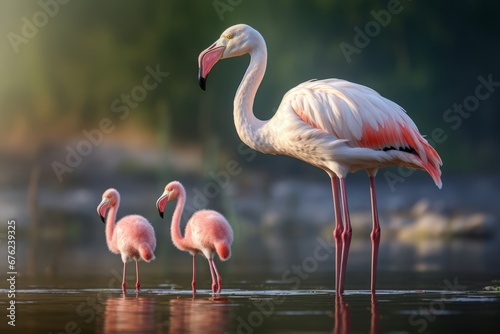 A Flock of greater flamingo with young flamingo in shallow water