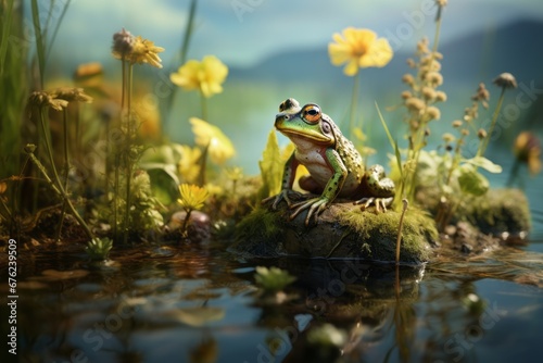 A frog looks out of the water plants on the shore of a lake