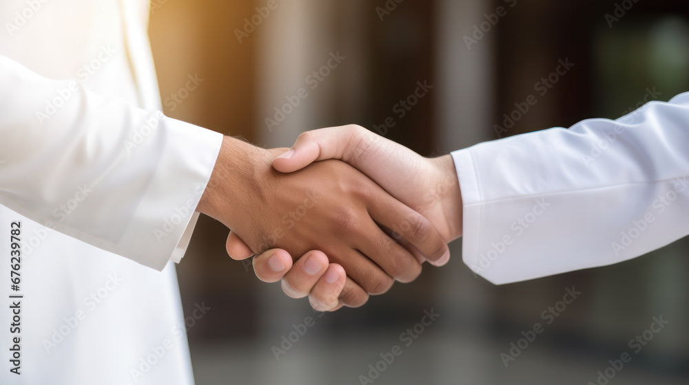 Arabian man in white suit handshake with business man after finishing up meeting, partnership, teamwork, community, connection financial and investment concept. Arabian man in white suit handshake with business man after finishing up meeting, partnership, teamwork, community, connection financial and investment concept.