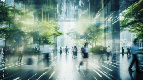 Sustainability in business center concept, business people crowd walking at corporate office in green city downtown, Abstract motion blur image, blurred background.