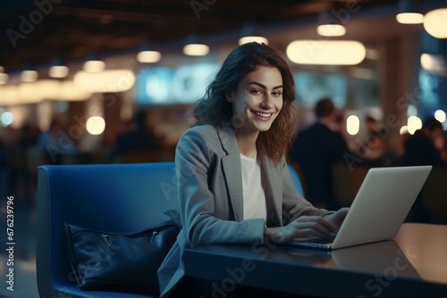 Airport Terminal: Smiling Woman Waits for Flight, Uses Laptop, Browse Internet, does e-Business, Online Shopping, Traveling Female Remote Work Online on Computer in a Boarding Lounge of Airline Hub