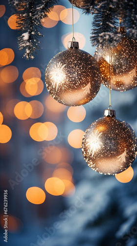 Christmas ball handing on and out of focus in front of bokeh night background. AI generated.