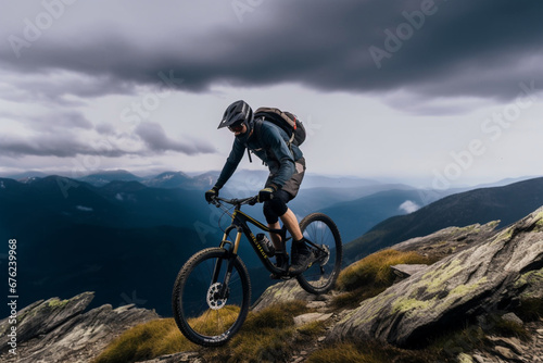 An experienced and well equipped male mountainbiker is on his way downhill on a narrow footpath from a summit of a mountain