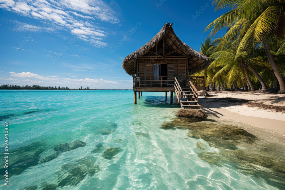 Private of tropical beach hut over turquoise sea water on Tropical Island