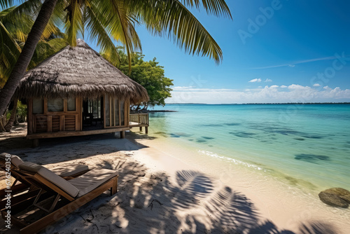 Private of tropical beach hut over turquoise sea water on Tropical Island