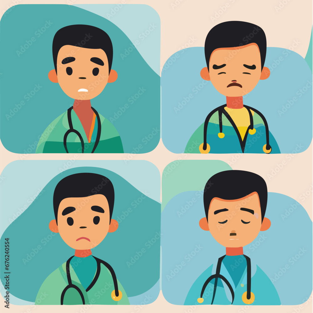 Doctor in various emotions. Character design set. Vector illustration in a flat cartoon style, set of doctors. Doctor in various emotions. Character design set. Vector illustration in a flat cartoon style, set of doctors.