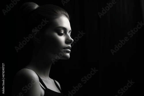 beautiful female portrait side profile view on dark background, black and white © alisaaa