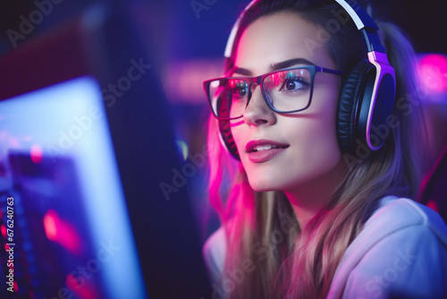 Beautiful Friendly Pro Gamer Girl Does Video Game Gameplay stream, Wearing Glasses, Attractive Geek Girl with Cool Neon Retro Colors in Background