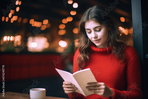 Beautiful girl in a red sweater resting in a cafe and reading a book