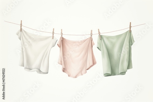 Gentle Watercolour painting of pastel color Laundry drying on a clothesline on white background