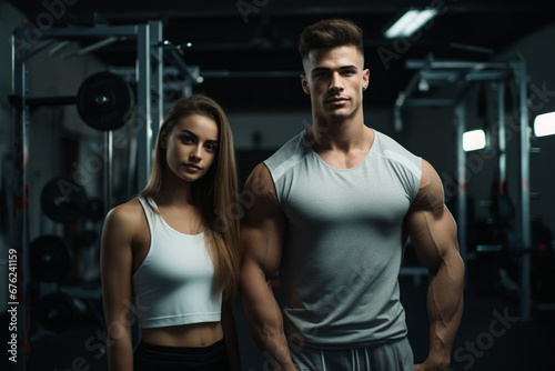 Beautiful young sports couple posing in gym