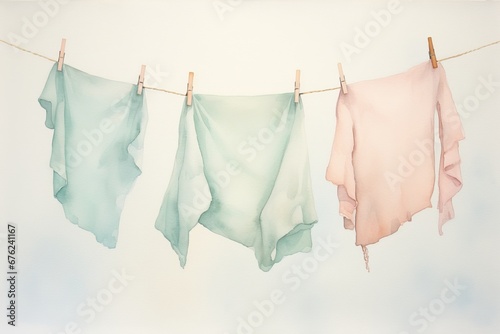 Gentle Watercolour painting of pastel color Laundry drying on a clothesline on white background
