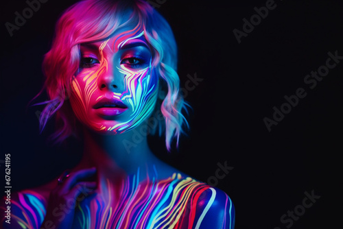 Beauty Close Up Photo, Young Female Poses with Confidence, Neon Paint Accentuating Her Facial Features Against an Low Key Studio Setting, Creating an Artistic Appearance