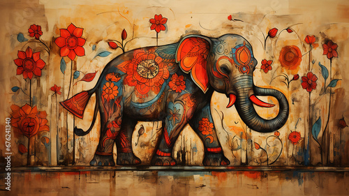 Traditional madhubani style painting of an elephant on a textured background. photo
