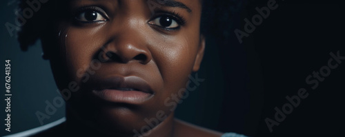 Black woman, eyes and mental health, crying with depression and crisis on dark background, Sad, portrait and anxiety, depressed female person with face on banner and grief in studio photo