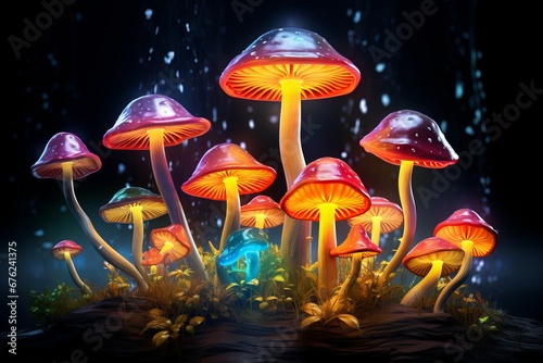 Group of glowing mushrooms in the dark