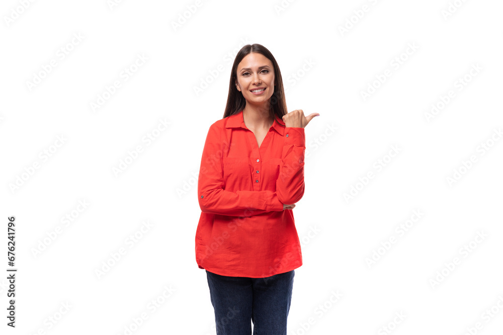 portrait of a young caucasian brunette office worker woman dressed in a red blouse on a white background