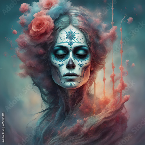 Santa Muerte - death approaching - death face with flowers.