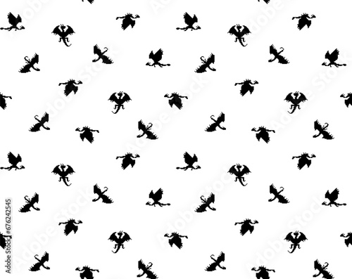 Black and white small pixel dragons silhouettes on white background seamless pattern. Vector for new year 2024 package, textile, mens clothing, packaging, wallpaper, apparel fabric, home decor. © Rina Ka