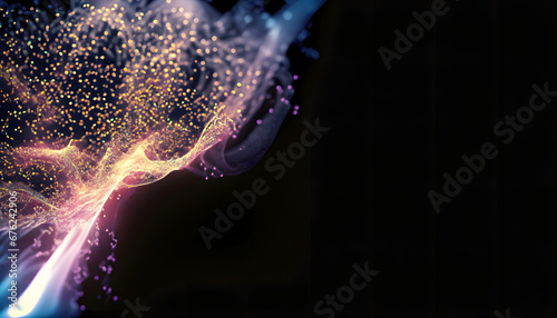 abstract flowing fluid colorful light particles on black background with copy space in concept technology, science, space, universe.