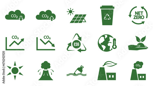 Icon collection with zero emissions esg symbol concept. greenhouse gas carbon credit design set. protect ecological green vector glyph. carbon net zero neutral natural. carbon footprint art pictogram