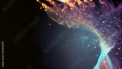 abstract flowing fluid colorful light particles on black background with copy space in concept technology, science, space, universe.