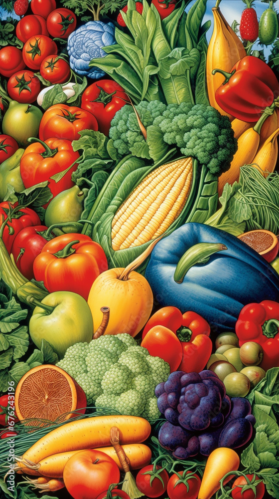Vibrant Group of Assorted Fruits and Vegetables, AI Generated