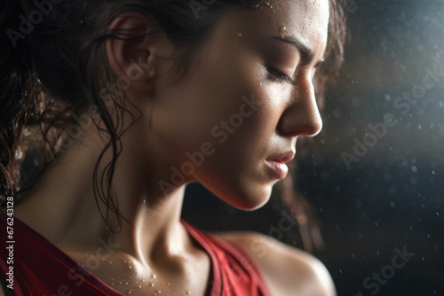 Close up Shot of a Young Adult woman's neck Sweating After Heavy Workout at Home, Successful Empowered Woman Fighting and Winning fight Against Injustices, Prejudices