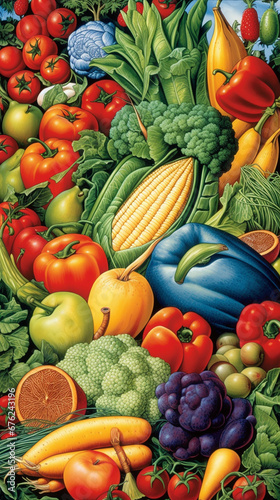 Vibrant Group of Assorted Fruits and Vegetables  AI Generated