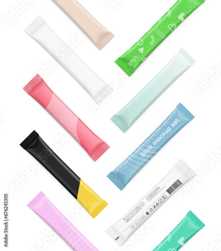 Set of realistic packaging stick mockup. Flat lay view. Vector illustration isolated on white background. It can be used for sugar, coffee, ketchup, powder, cosmetics and etc. EPS10.