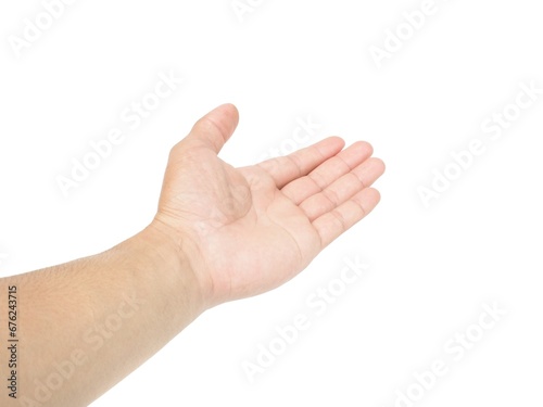 Male hands open and stretched forward on white background business concept. 