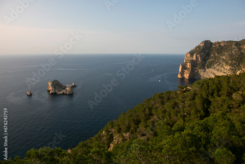 Views of the sea and Ses Margalides of ​​Ibiza from the cliffs in the north of the island in Santa Agnes de Corona