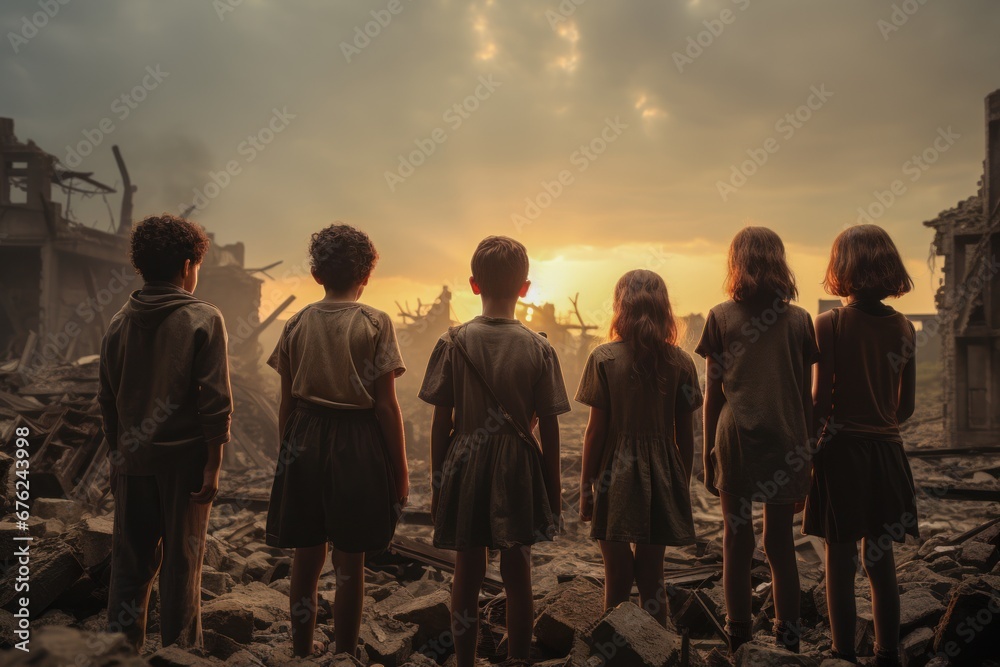 Children look at their ruined home from war. Children are the innocent victims of war. They deserve to live in peace and safety. - obrazy, fototapety, plakaty 