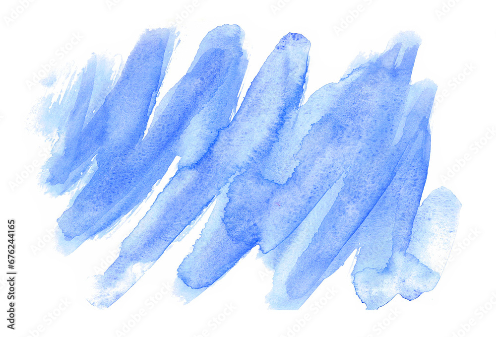Abstract spot of watercolor blur isolated on white background. Gentle shades of blue. The spot has a zigzag shape. Blurs on the right side. The texture of watercolor paper is visible.