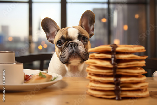 A dog sitting on a chair with a fresh yummy pancake topped with caramel sauce and butter stacks plates on a dinner table in front of it. Generative AI.