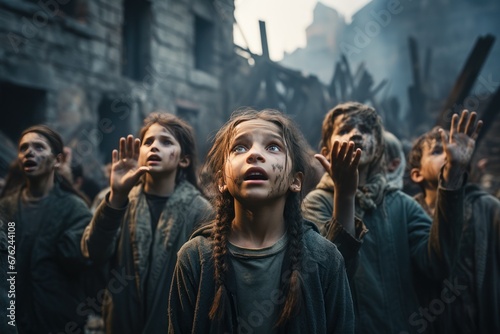 The crying faces of boys and girls raised their hands to pray to protection and to stop war. destroyed houses and the people grieving in the background photo