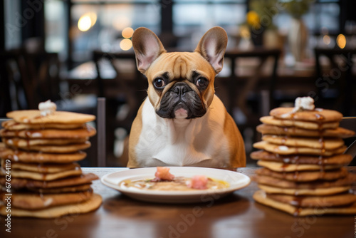 A dog sitting on a chair with a fresh yummy pancake topped with caramel sauce and butter stacks plates on a dinner table in front of it. Generative AI.