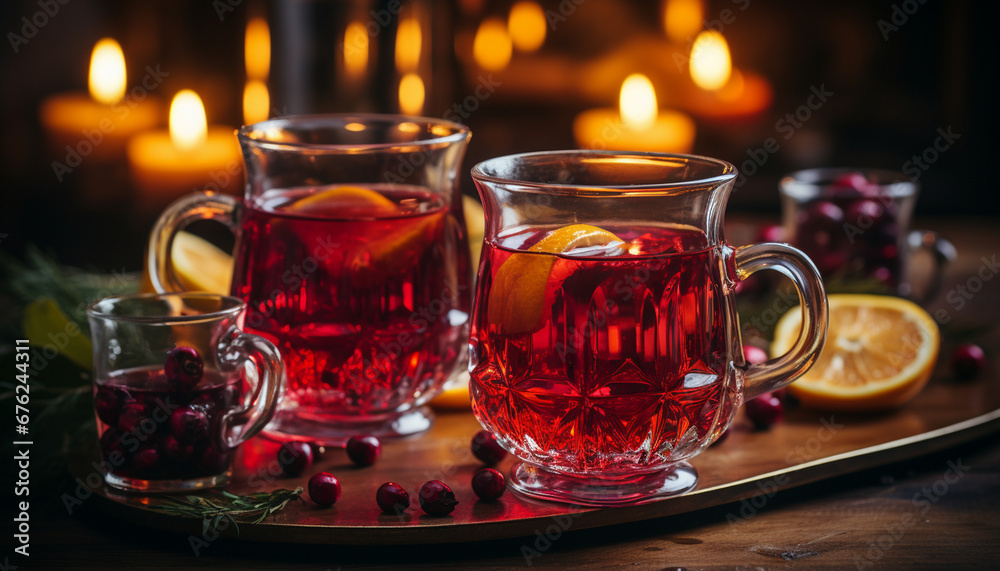 Cozy cranberry tea in glass mugs with candles Cozy cranberry tea in glass mugs with candles