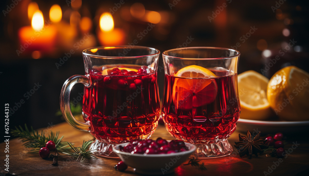 Cozy cranberry tea in glass mugs with candles Cozy cranberry tea in glass mugs with candles