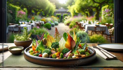 Modern Gastronomy Dish in Vibrant Outdoor Garden Restaurant Setting