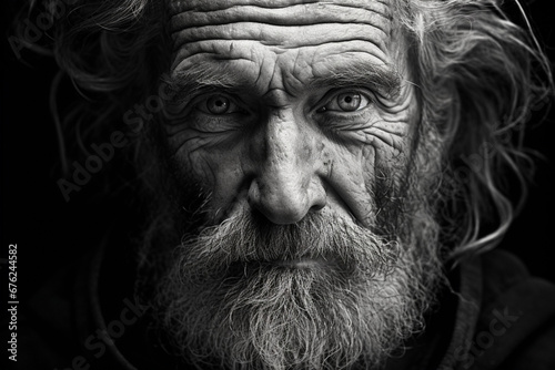 Face of an old man in black and white