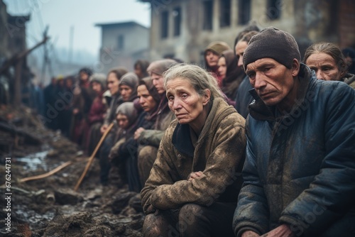 People mourn from war injuries. Houses crumble in the background.