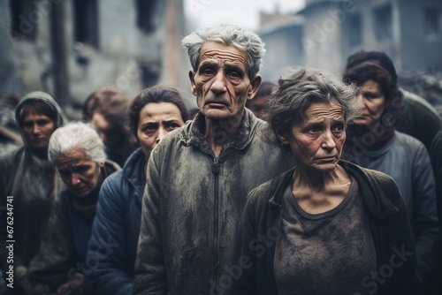 People mourn from war injuries. Houses crumble in the background. photo