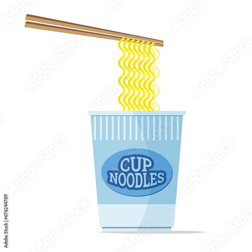 Instant noodles in a cup with chopsticks pick noodles flat vector design with shadow isolated on white background.