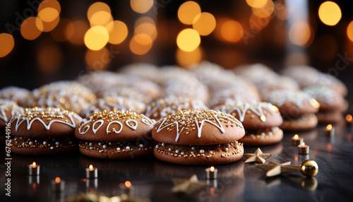 Chocolate gingerbread cookies with golden sprinkles and icing