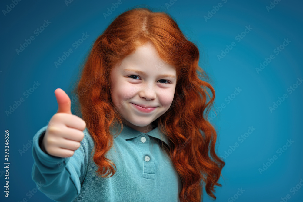 Red-haired little girl showing a thumbs up on a blue background space for your text Red-haired little girl showing a thumbs up on a blue background space for your text
