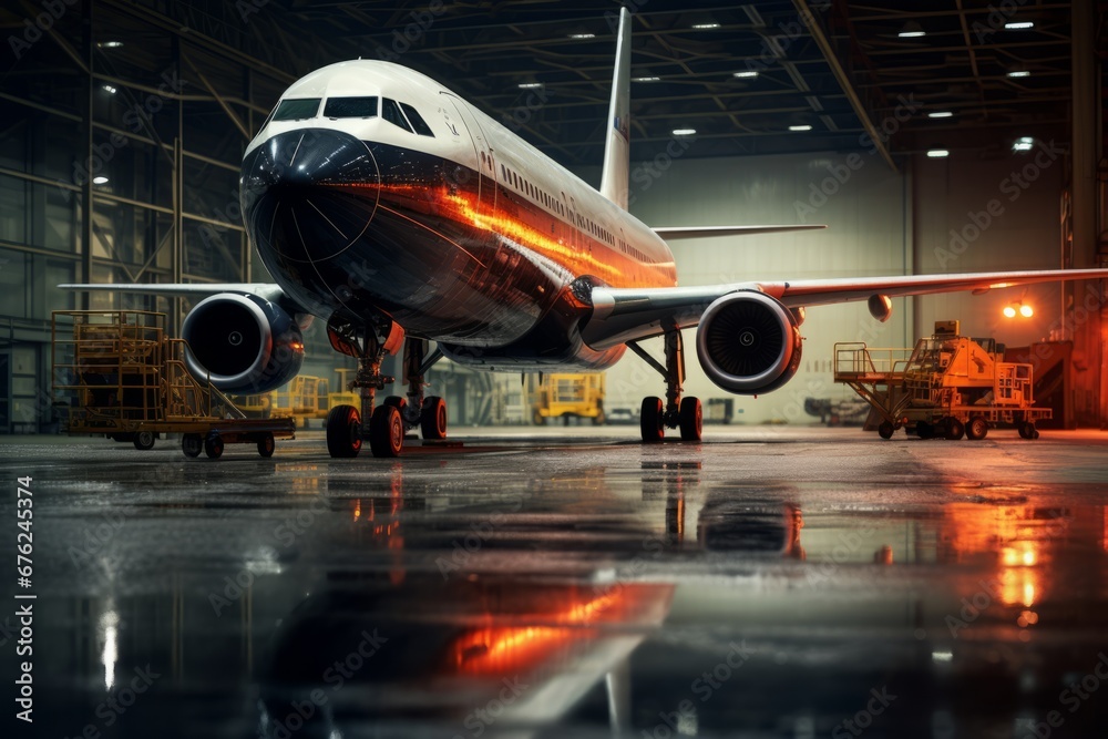 Passenger airplane in the hangar during maintenance Passenger airplane in the hangar during maintenance
